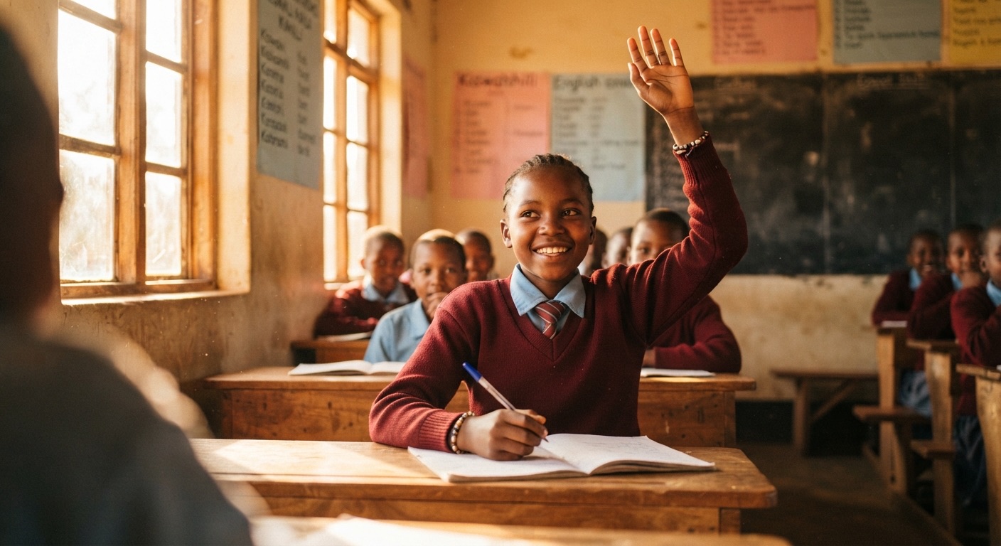 A smiling Grade 5 learner raises her hand in a sunlit Kenyan classroom.