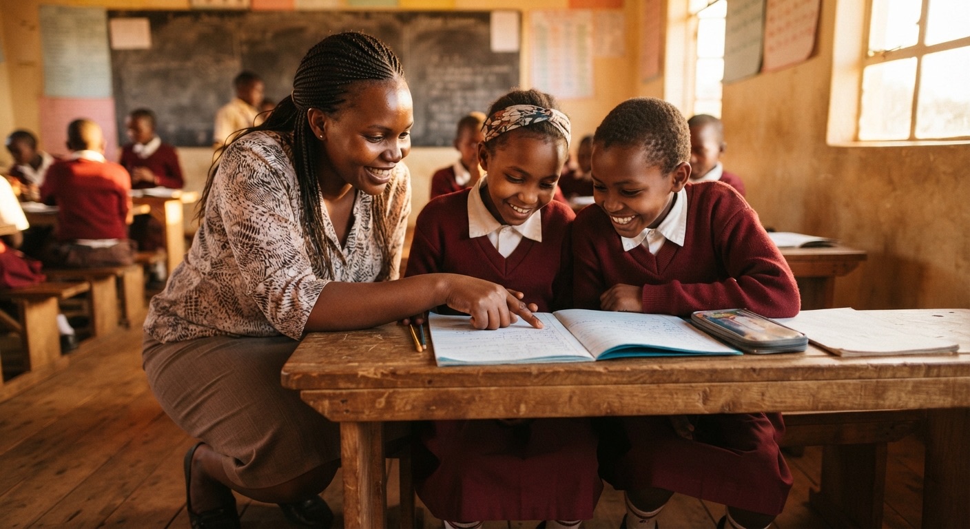 A teacher works through a lesson with two learners at their desks.